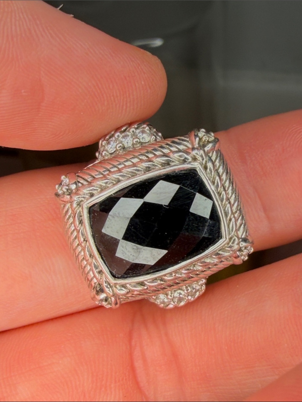 Judith Ripka Sterling Silver Black Faceted Onyx Statement Ring Sz 7